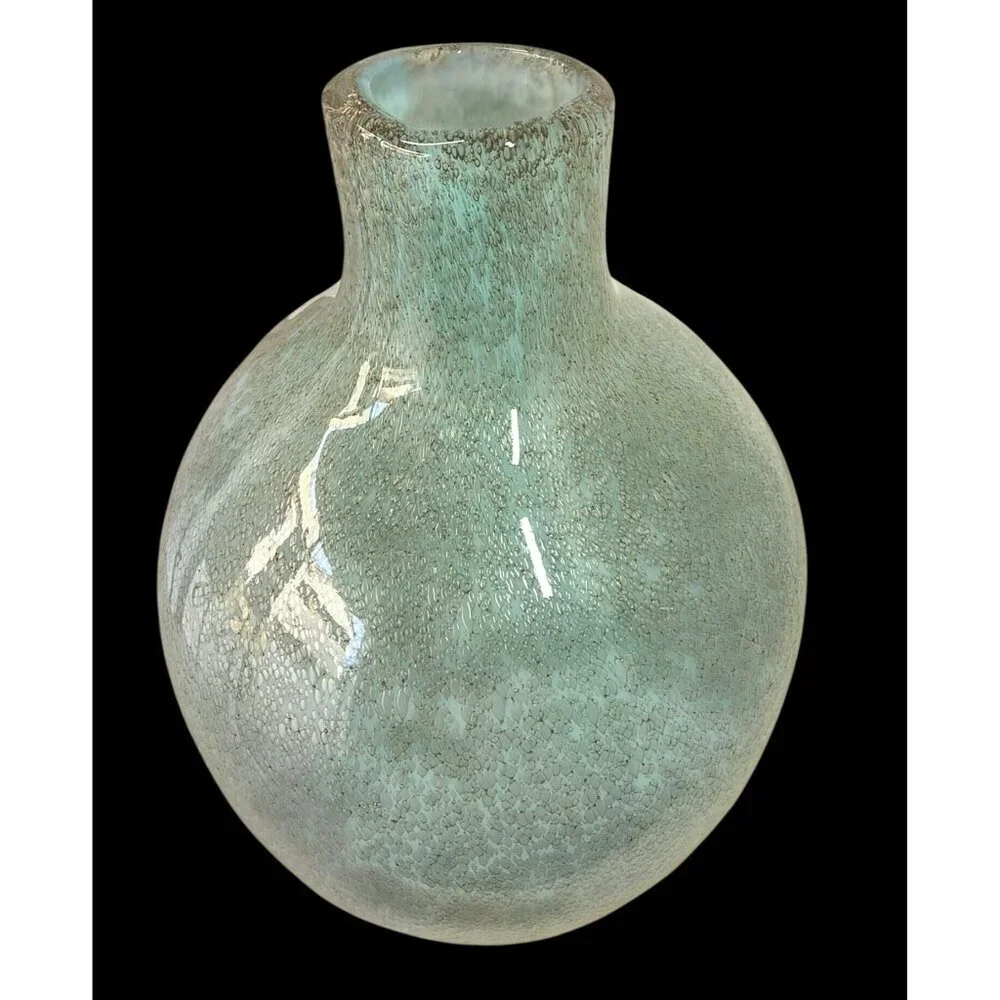 90s Aqua Hand-Blown Bubble Glass Vase 11” Textured Art Glass Modern Decor